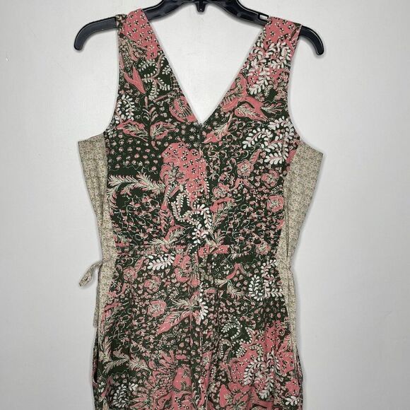 WARM Jumpsuit Womens Medium Floral V-Neck Sleeveless Green Pink Wide Leg Pockets - Picture 7 of 11